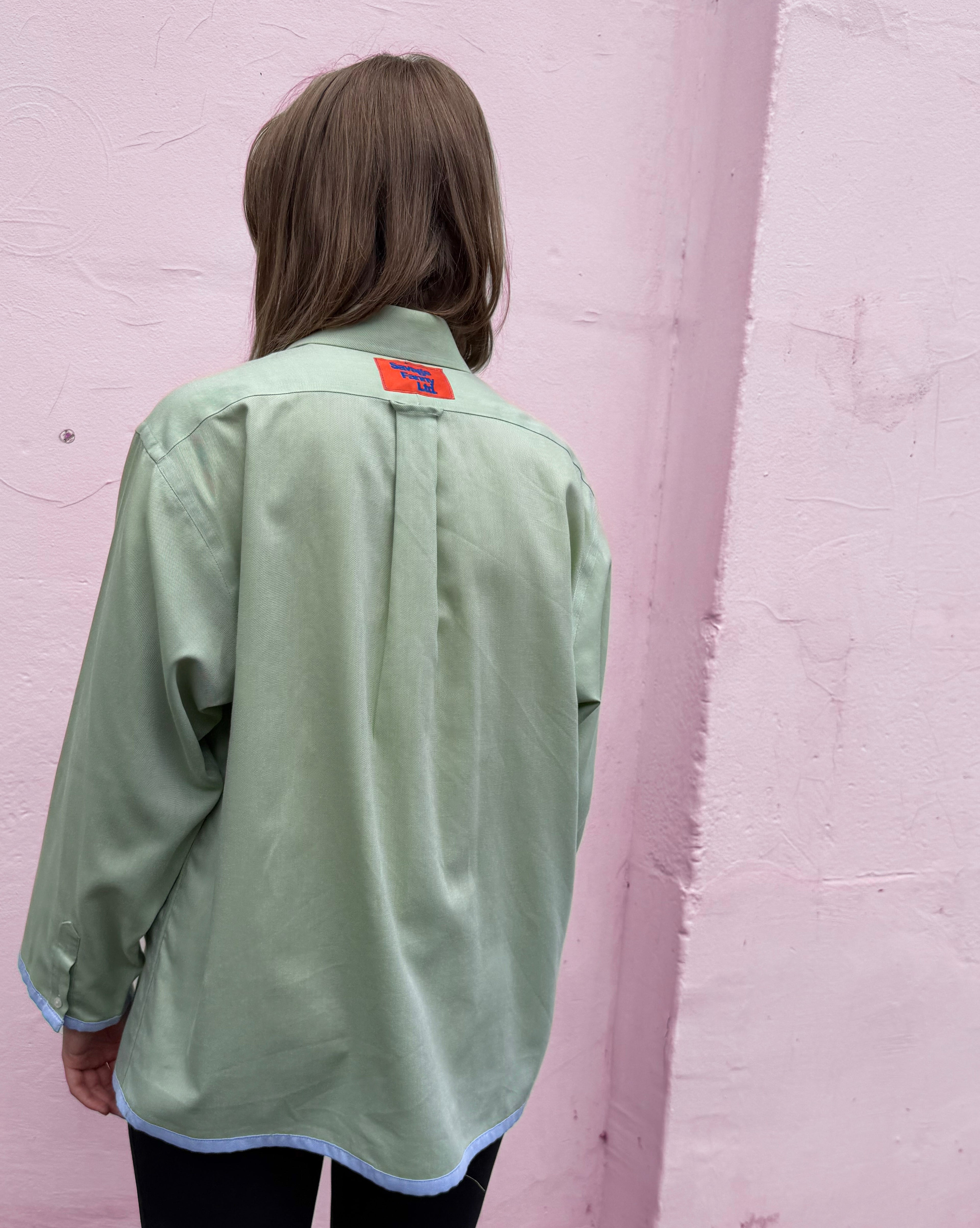 The Sage Green Contrast-Trim Boyfriend Shirt