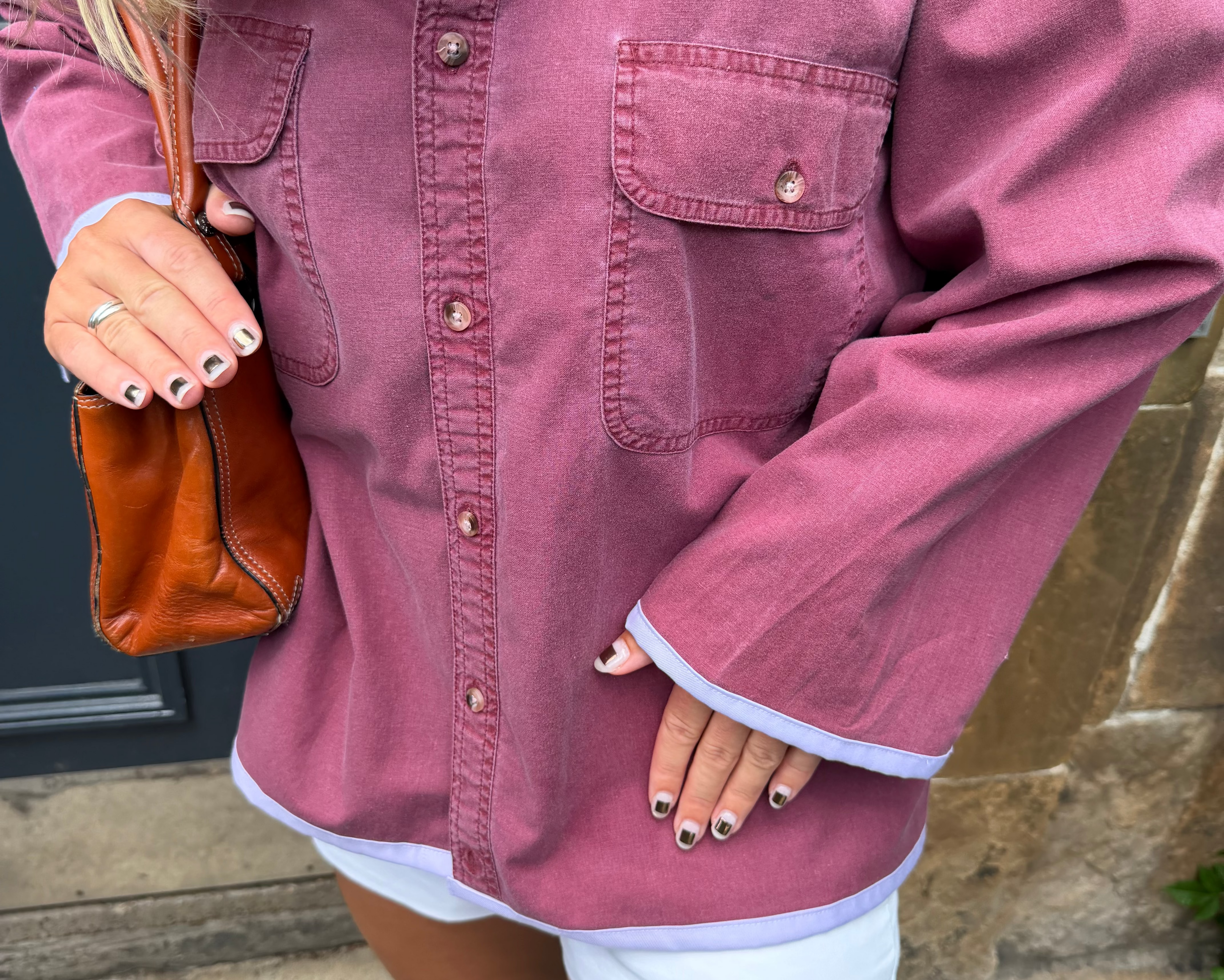 The Washed Plum Contrast-Trim Overshirt