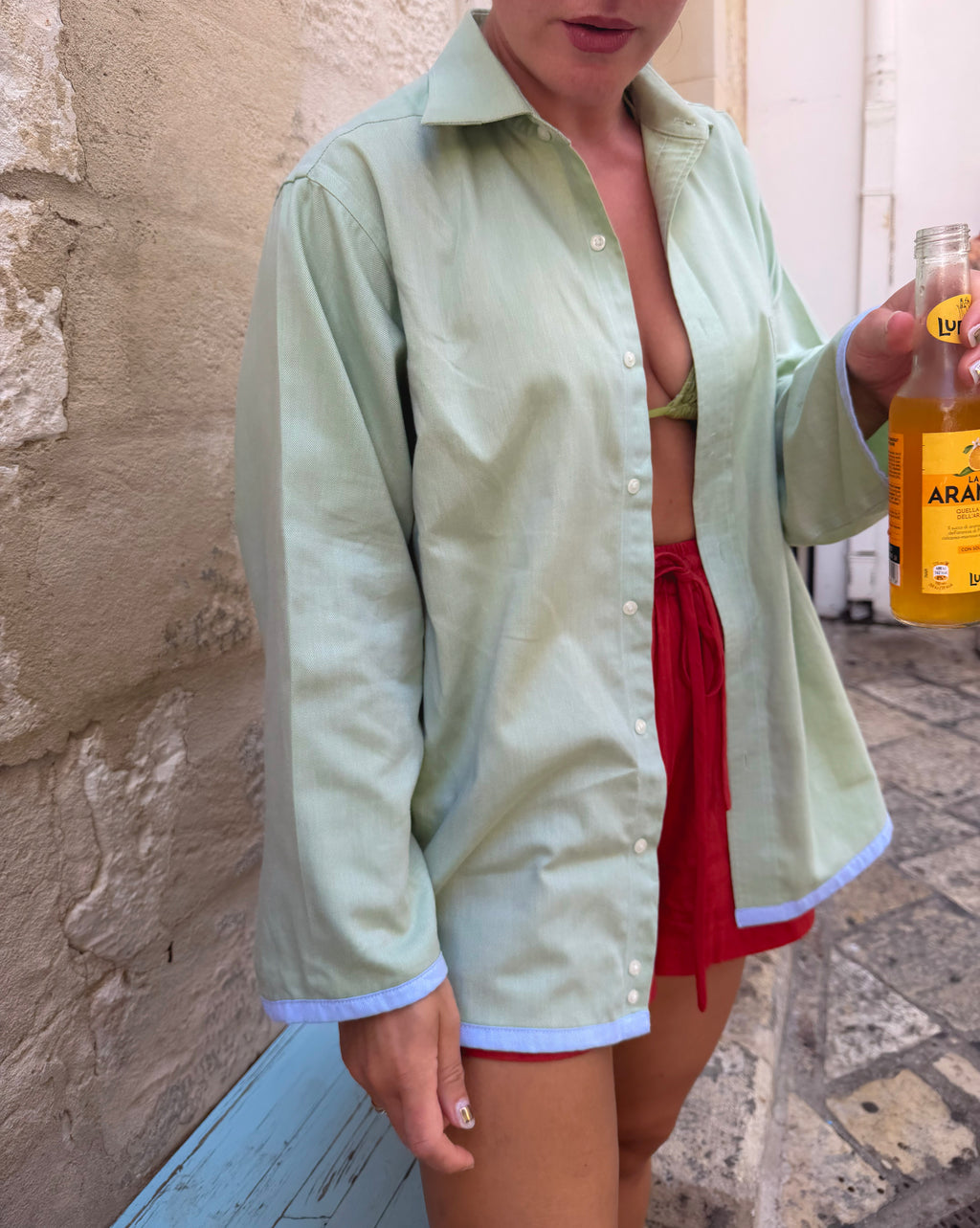 The Sage Green Contrast-Trim Boyfriend Shirt