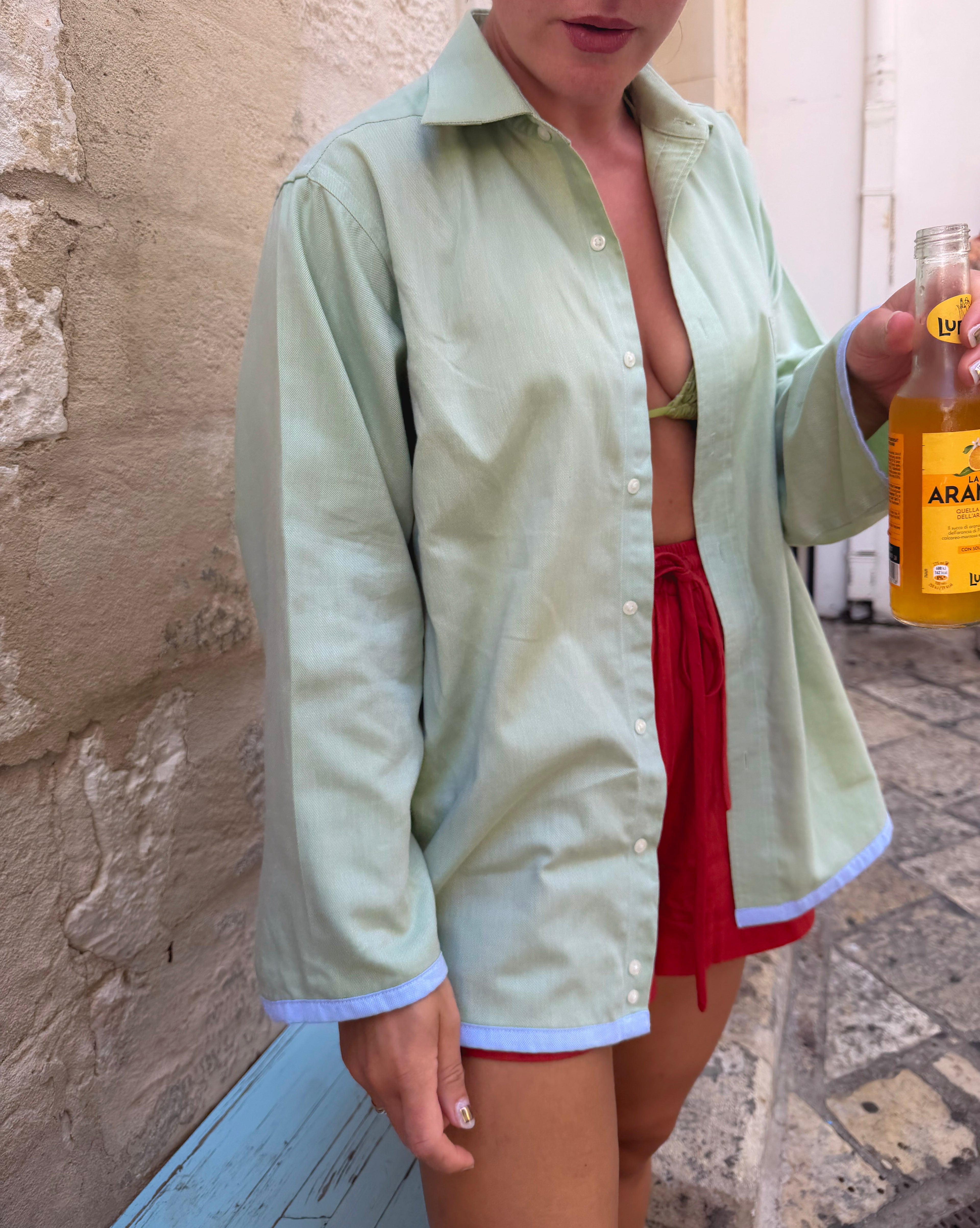 The Sage Green Contrast-Trim Boyfriend Shirt